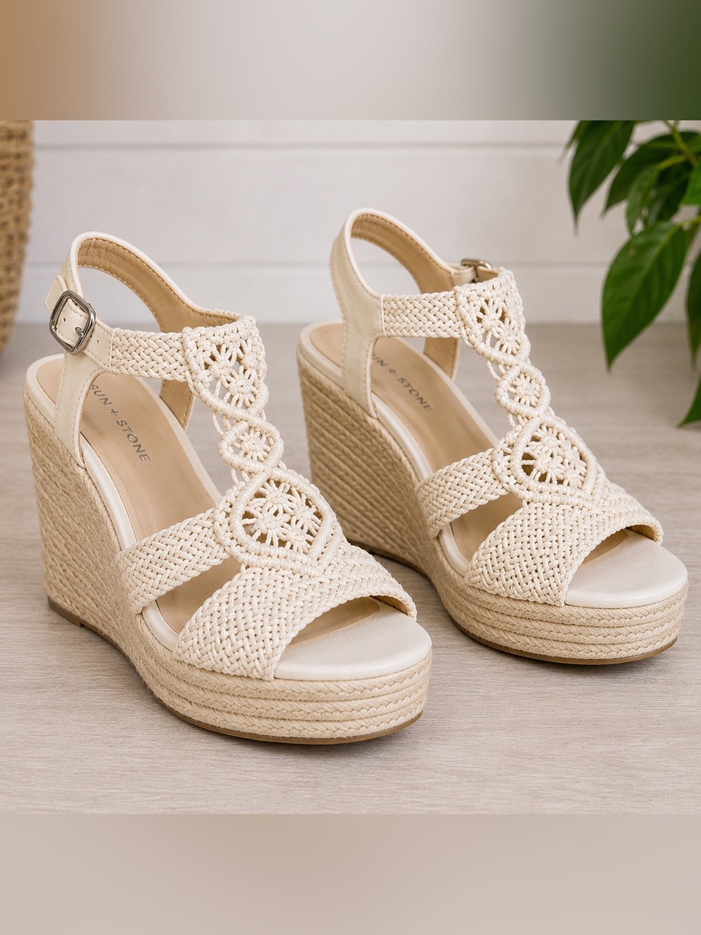 Sun + Stone Crochet Wedge Sandals Ivory Coastal Boho 11 - Picture 2 of 14